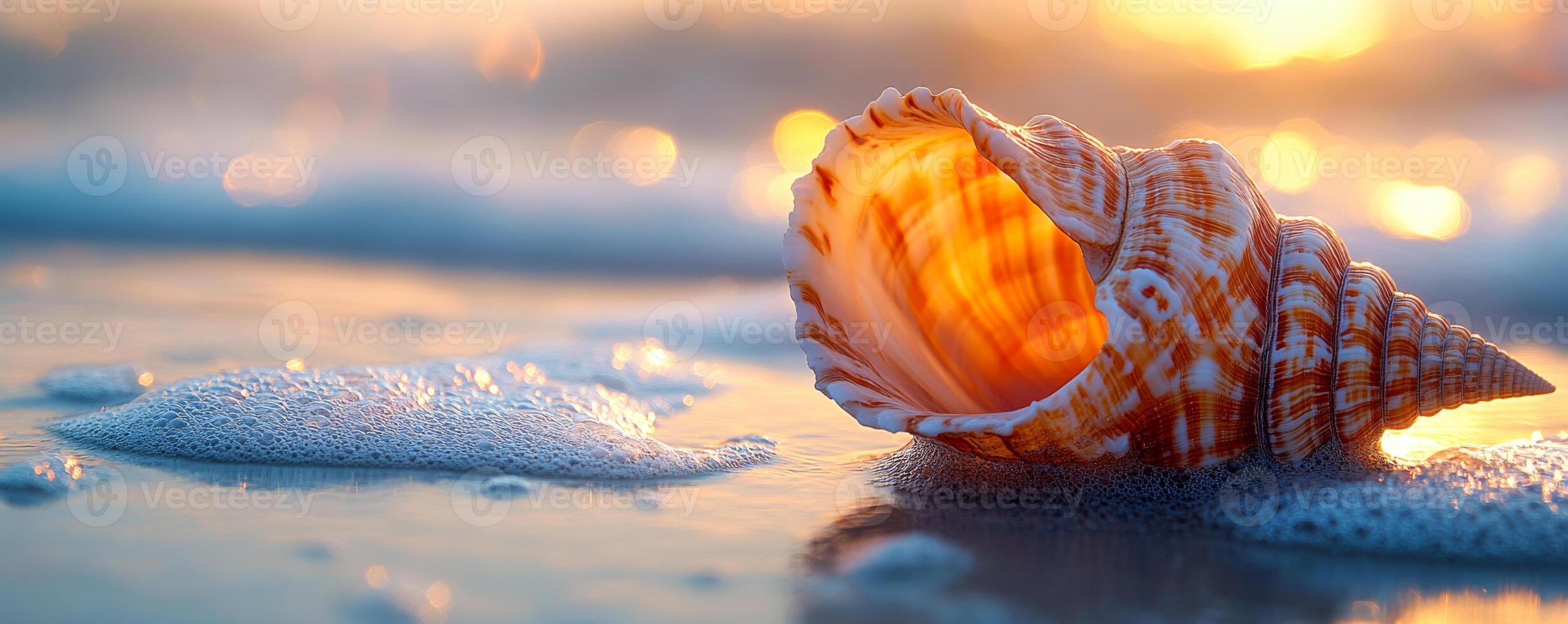 A vibrant seashell lies on wet sand, reflecting the warm glow of the setting sun and surrounded by soft ocean waves. photo