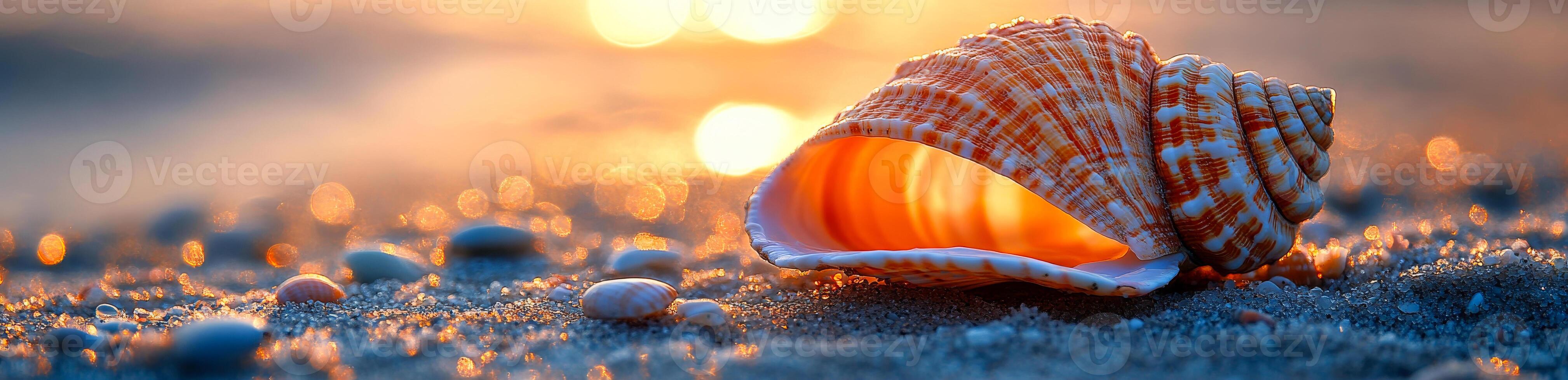 A delicate seashell lies on the warm sand as the sun sets, casting a golden glow over the beach and surrounding pebbles. photo