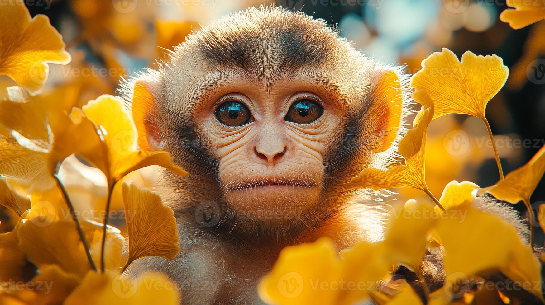 A young monkey looks curiously from a vibrant background of golden autumn foliage under soft sunlight. photo