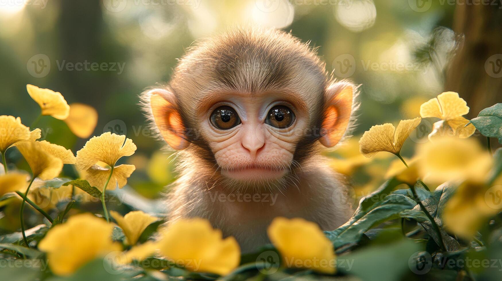 A young monkey sits amidst yellow flowers in a lush green environment, showcasing its curious and playful demeanor. photo