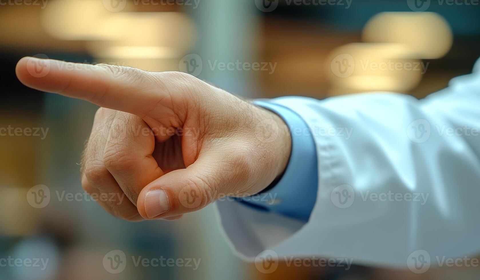 A medical professional gestures with a raised finger while explaining important information to a patient in a clinical setting. photo