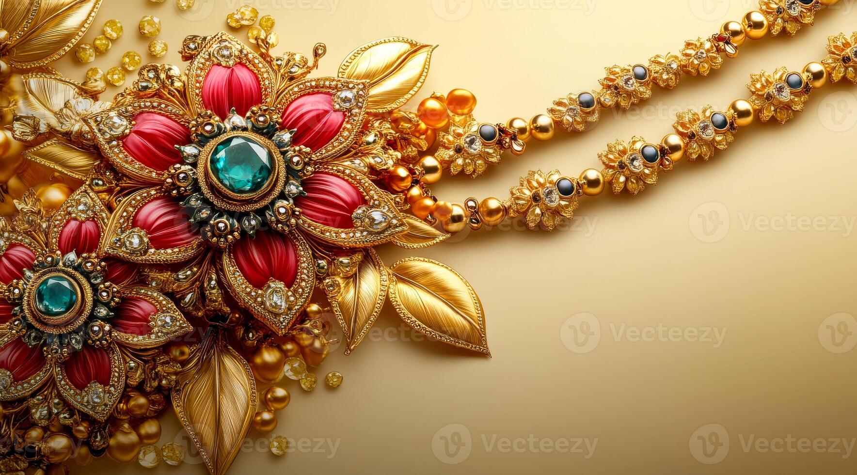 This exquisite piece of jewelry features intricate floral designs made of gold, adorned with colorful gemstones and pearls. photo