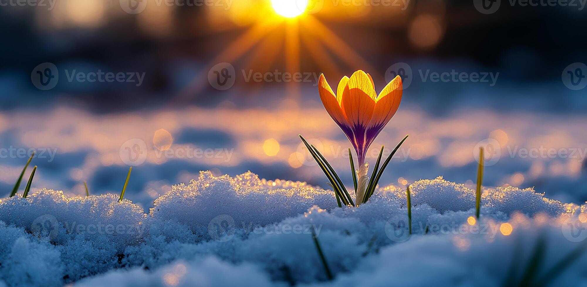 A bright crocus flower emerges from the snow, illuminated by the warm glow of the sunrise, signaling the arrival of spring. photo