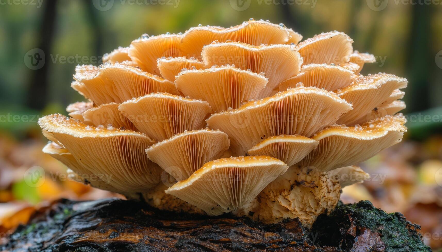 Vibrant golden mushrooms thrive on a decaying log amidst autumn leaves in a peaceful forest setting, showcasing nature's beauty. photo