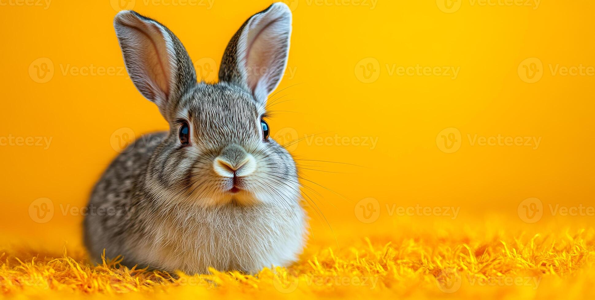 A fluffy rabbit relaxes on vibrant yellow grass, showcasing its soft fur and playful demeanor under warm lighting. photo