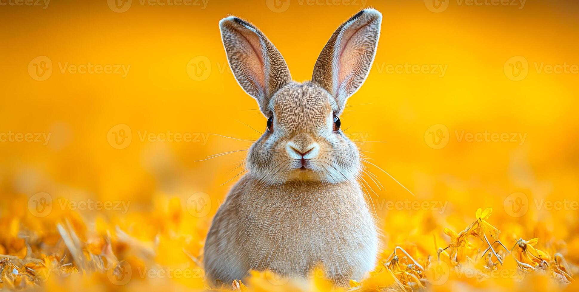 A fluffy rabbit sits among vibrant yellow flowers under a clear sky, creating a cheerful springtime atmosphere in nature. photo