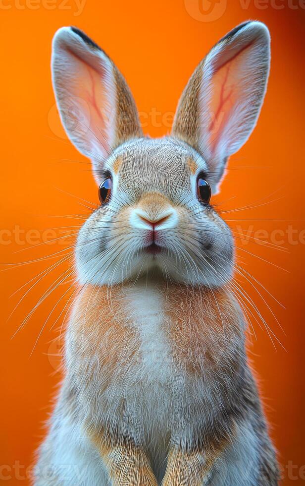 A fluffy rabbit with big ears and expressive eyes stands in front of a vibrant orange backdrop, showcasing its adorable features. photo