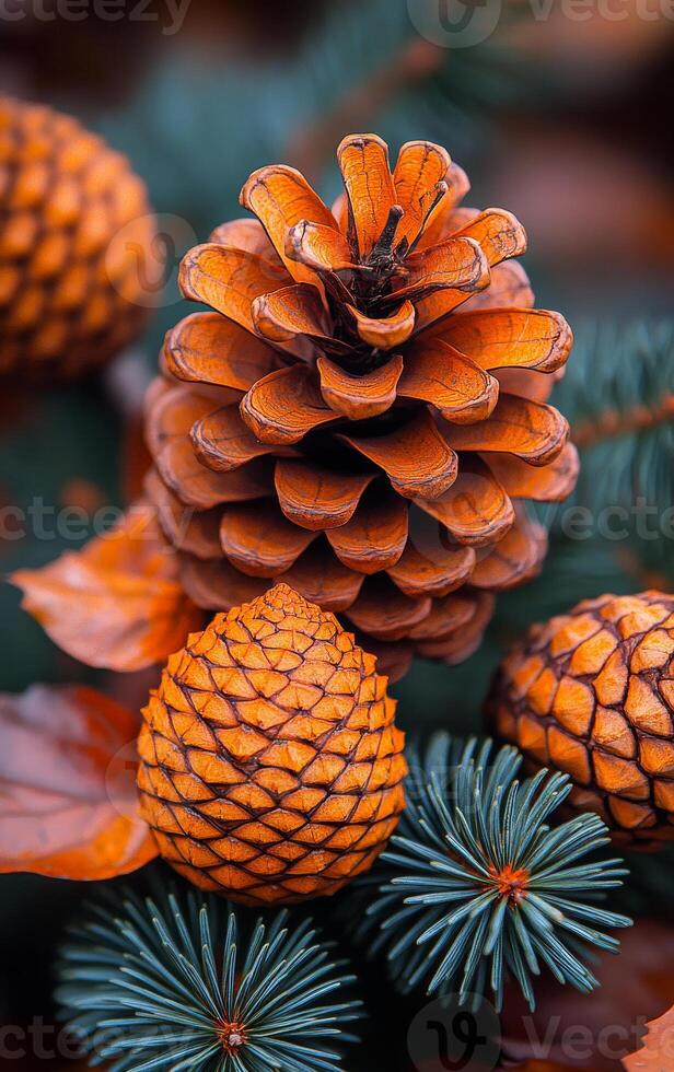Natural pine cones with vibrant colors nestled among evergreen branches in a forest setting during autumn. photo