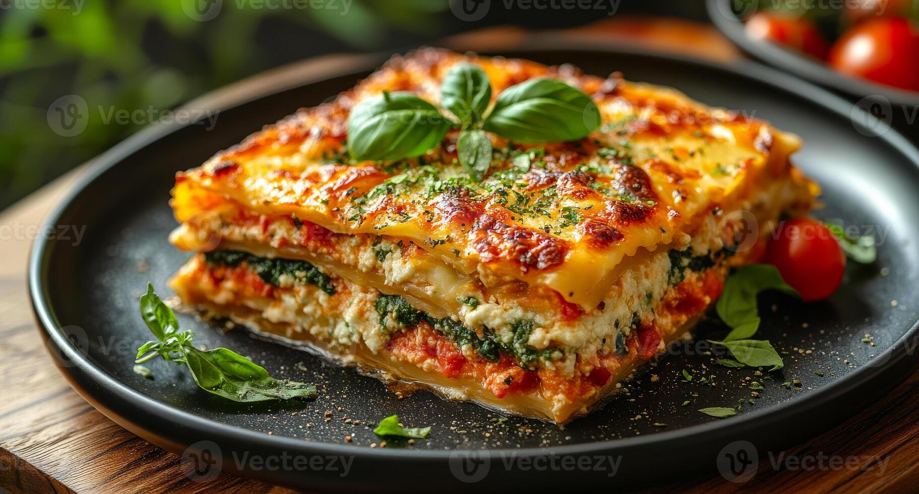 A plated lasagna showcases vibrant layers of cheese and vegetables, garnished with basil on a wooden table, perfect for a hearty meal. photo