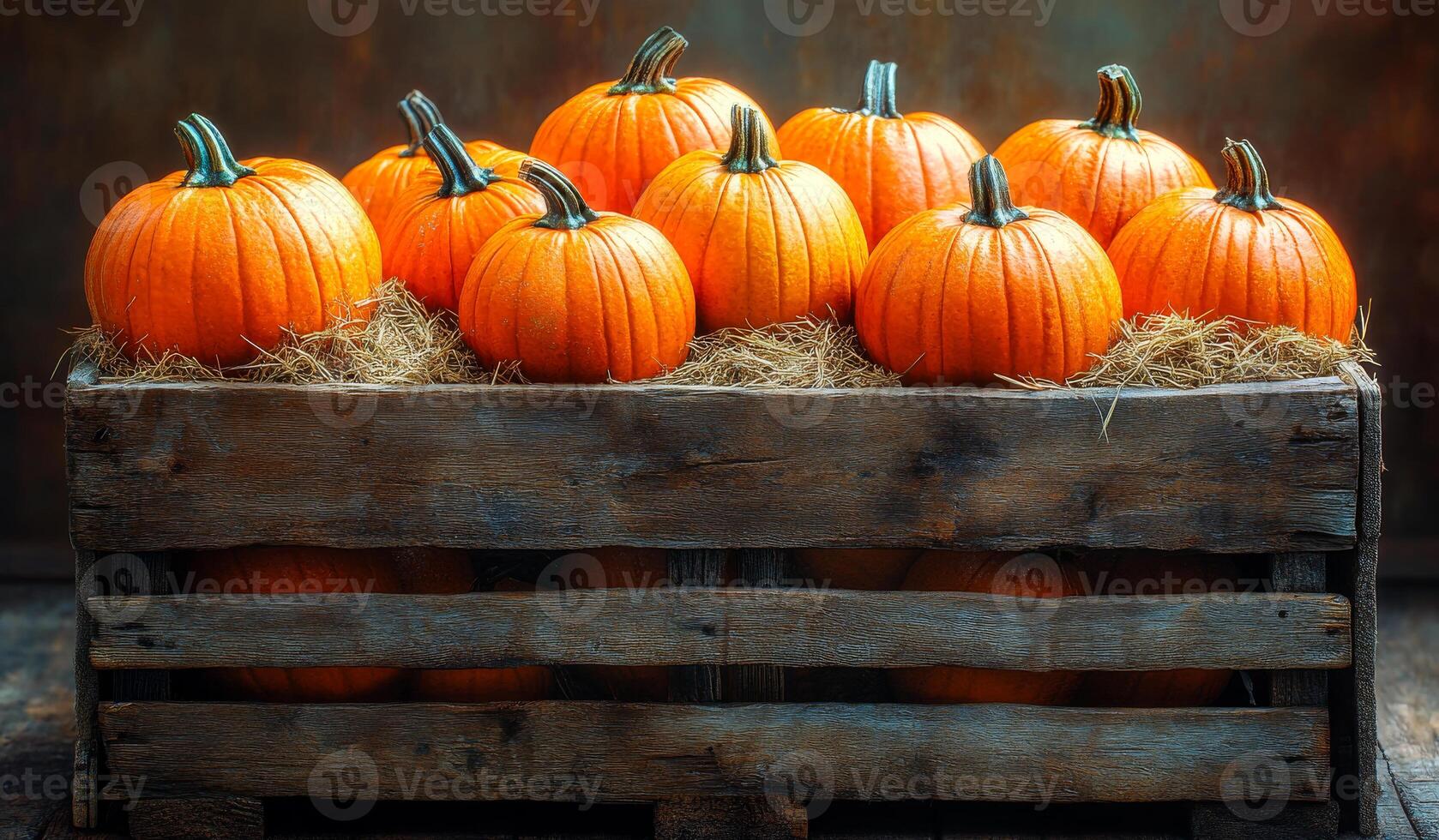 A rustic crate filled with bright orange pumpkins showcases autumn's harvest, perfect for decoration or seasonal festivities. photo