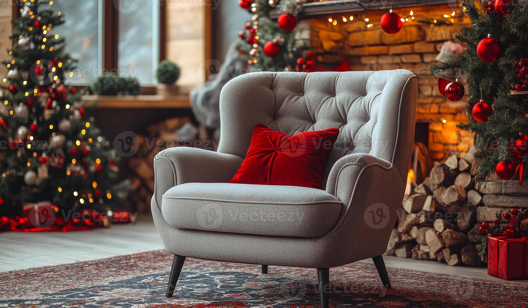 A soft armchair with a red cushion sits near a beautifully decorated fireplace adorned with Christmas lights and trees. photo