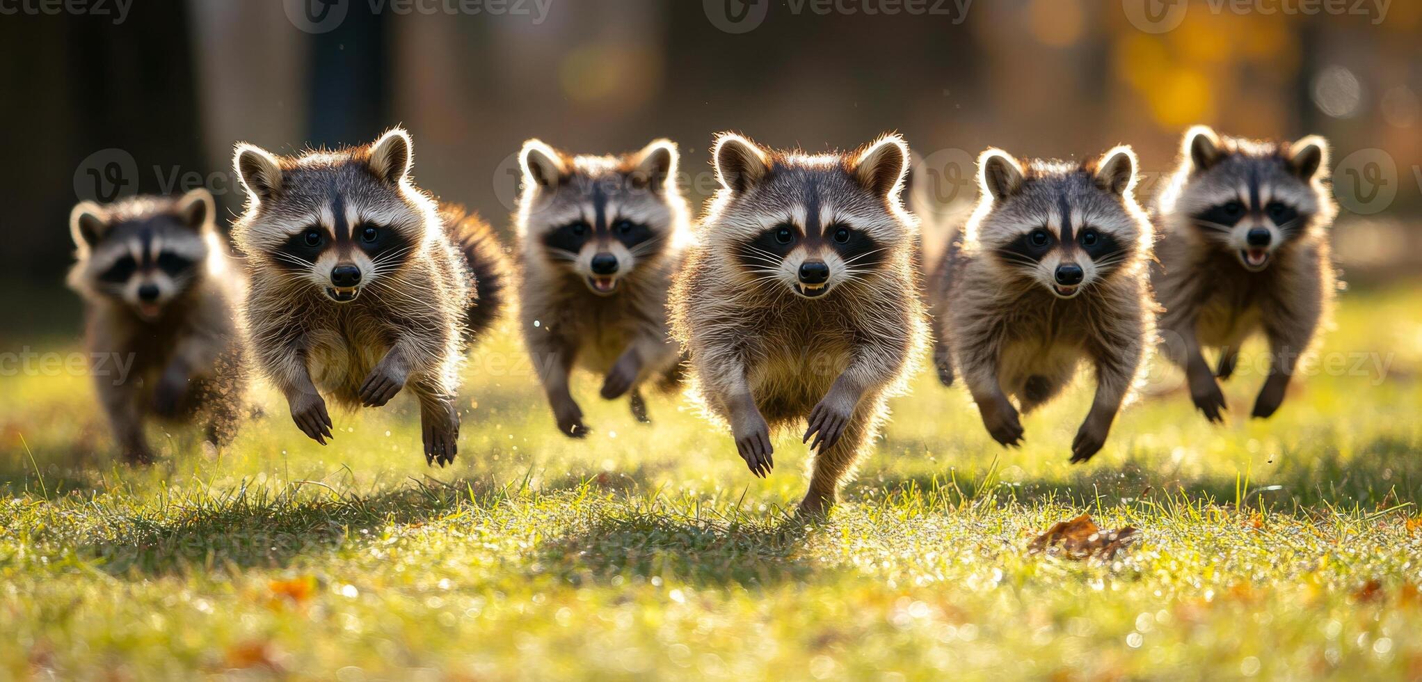 A group of six raccoons is joyfully sprinting across a grassy park under the warm sunlight, showcasing their playful nature. photo