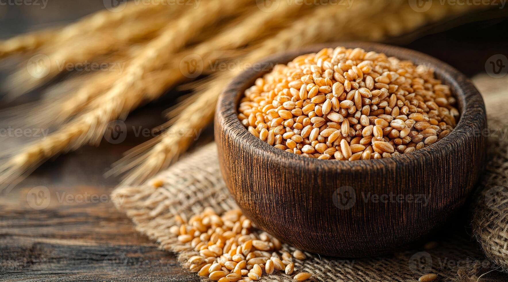 A rustic wooden bowl overflows with golden wheat grains, surrounded by dried wheat stalks and placed on textured burlap fabric. photo