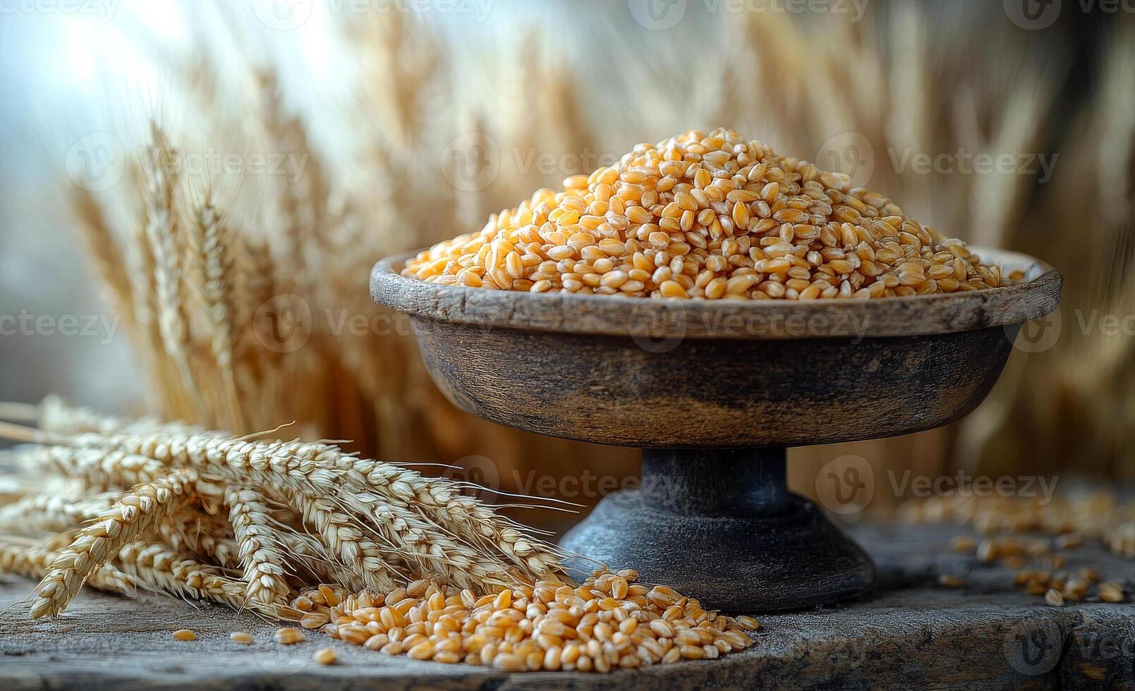 Pile of golden wheat grains rests in a rustic bowl, surrounded by sheaves of wheat, evoking harvest time and natural abundance. photo