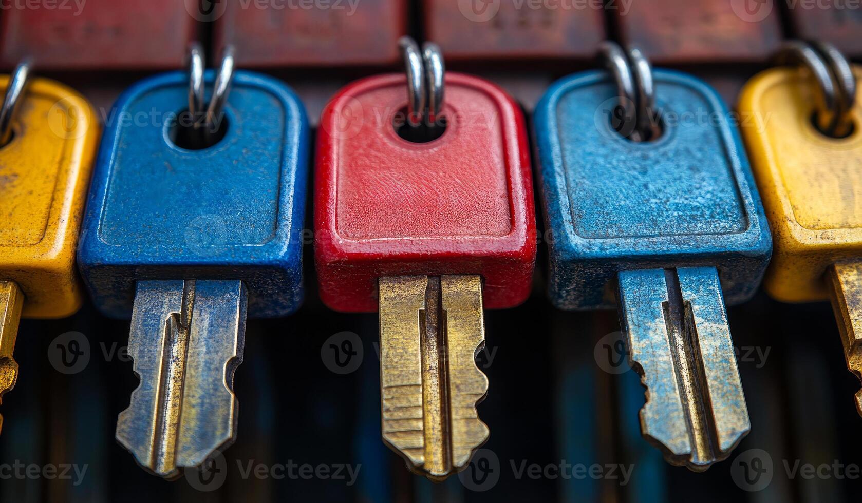 A collection of vibrant keys in blue, red, and yellow is displayed on a rack, showcasing their distinctive shapes and colors. photo