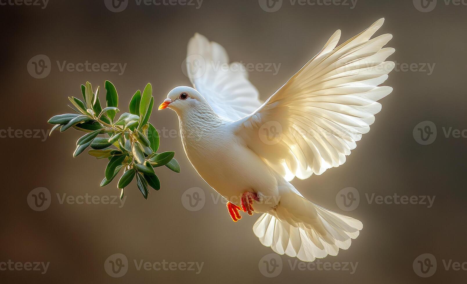A white dove gracefully soars through the air, carrying a green branch in its beak against a softly lit background. photo