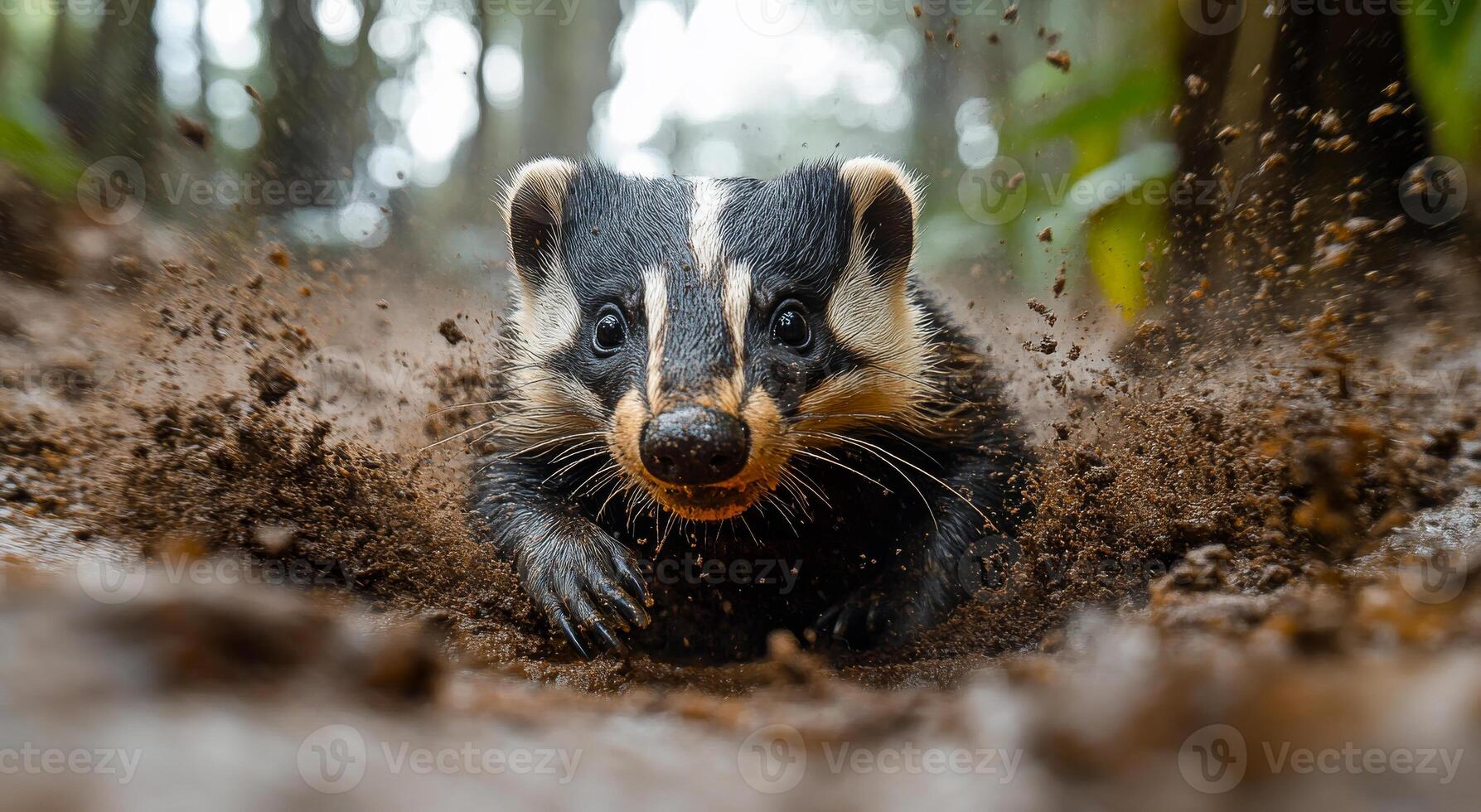 Badger bounds through dirt in a forest clearing. A badger energetically burrows through the forest soil, showcasing its agility amidst the lush greenery of the woodland. photo