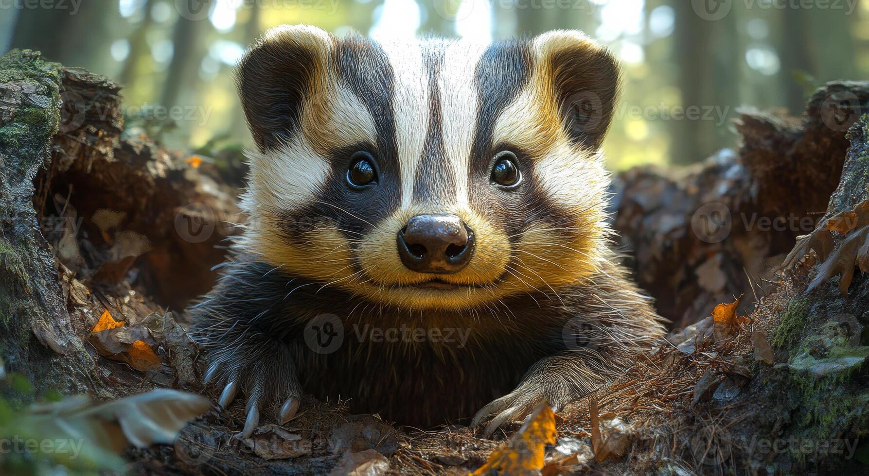 Badger exploring woodland at dusk. A badger emerges from its burrow in the forest, gazing curiously as the evening light filters through the trees. photo