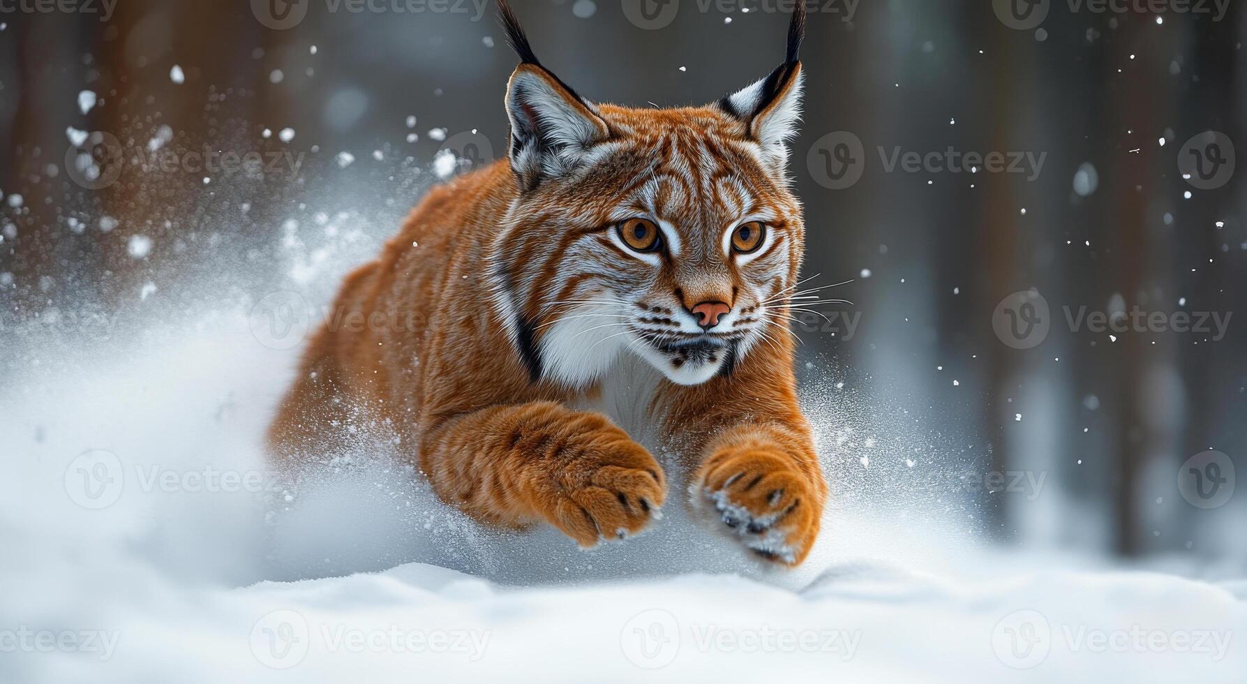 Lynx running through fresh snow in a winter forest. A lynx leaps gracefully through deep snow in a serene winter forest, showcasing its agility and elegance in a snowy landscape. photo