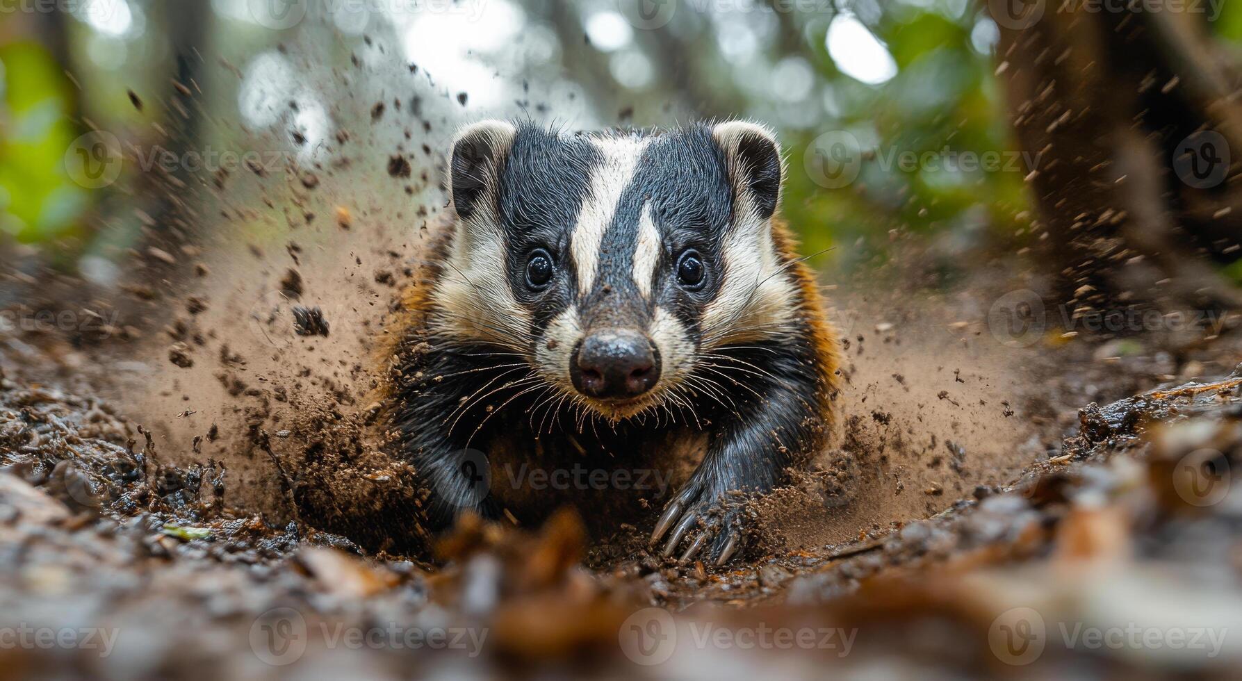 Badger running through the forest after rainfall. A badger dashes through muddy forest ground, splashing dirt around after a recent rain, showcasing its vibrant fur and alert expression. photo