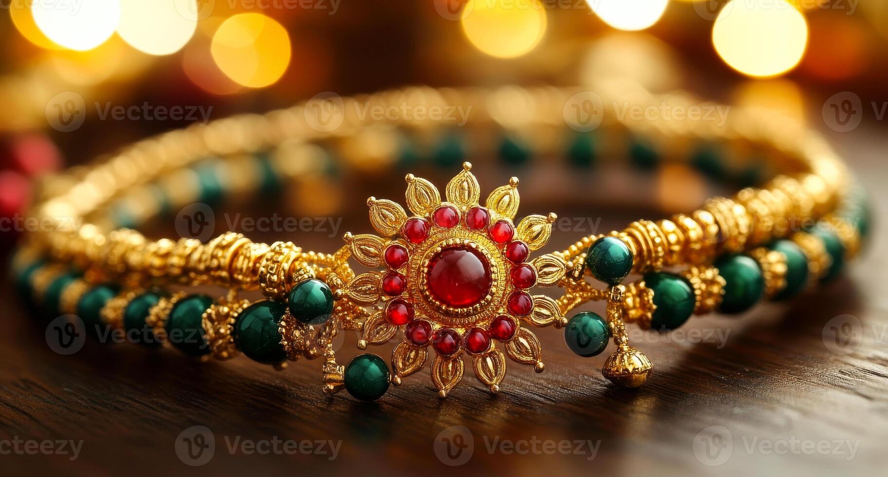 Vibrant traditional Indian jewelry piece. A beautifully crafted bracelet featuring intricate designs in gold, red, and green gems, shining against a blurred festive backdrop. photo