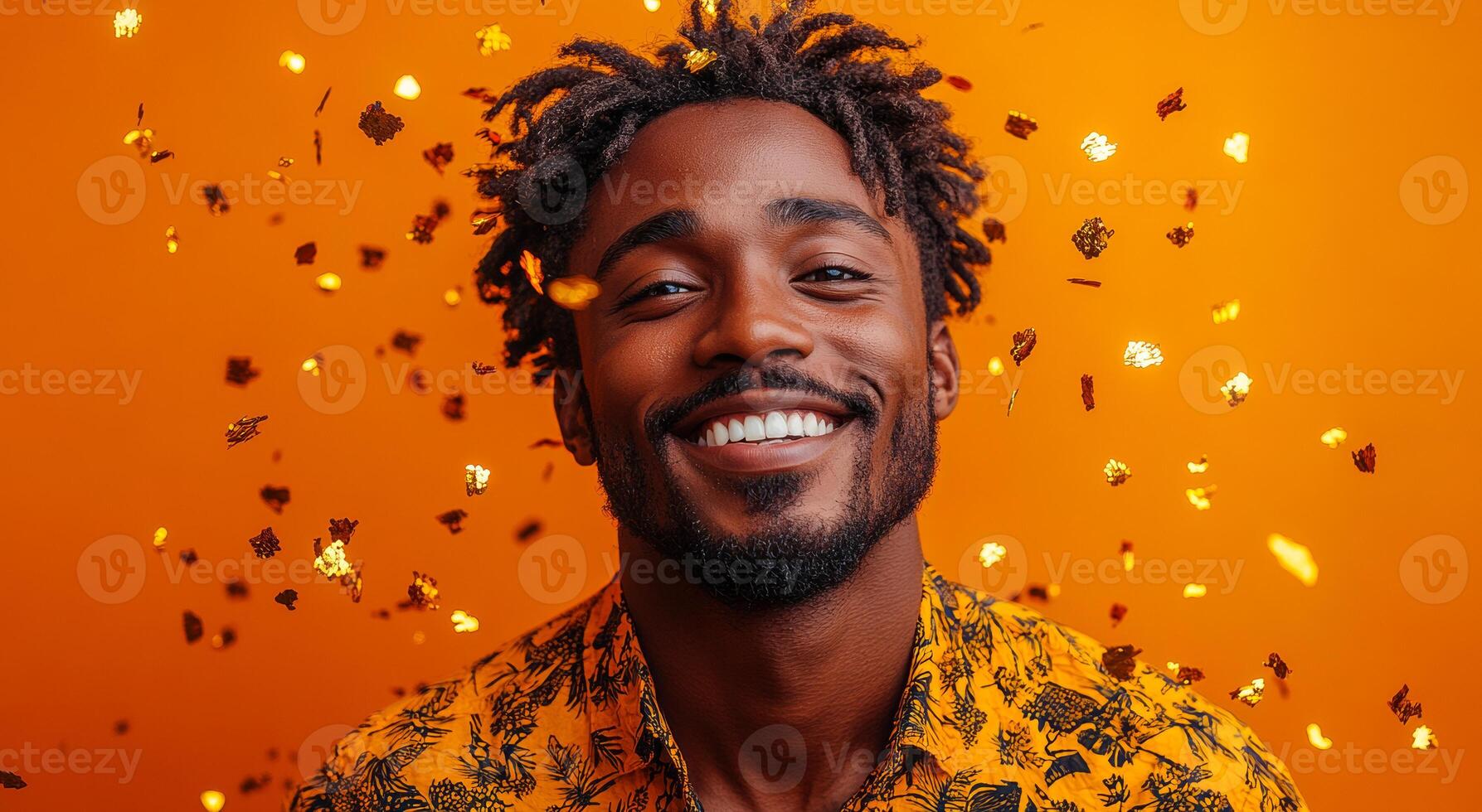 Man smiling with orange backdrop and confetti. A joyful man with a vibrant shirt smiles widely as golden confetti falls against an orange backdrop, showcasing a festive atmosphere. photo