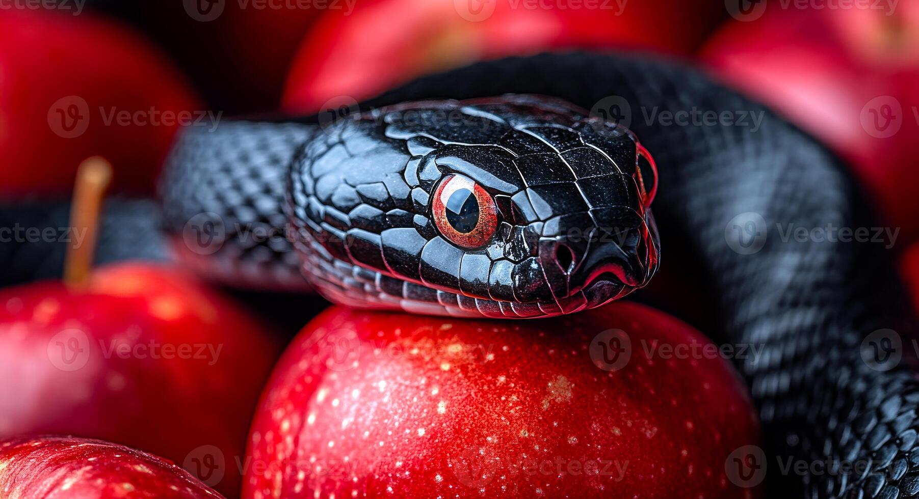Black snake resting on red apples in a basket. A striking black snake lounges atop shiny red apples, creating a vivid contrast in a rustic setting filled with fruits. photo
