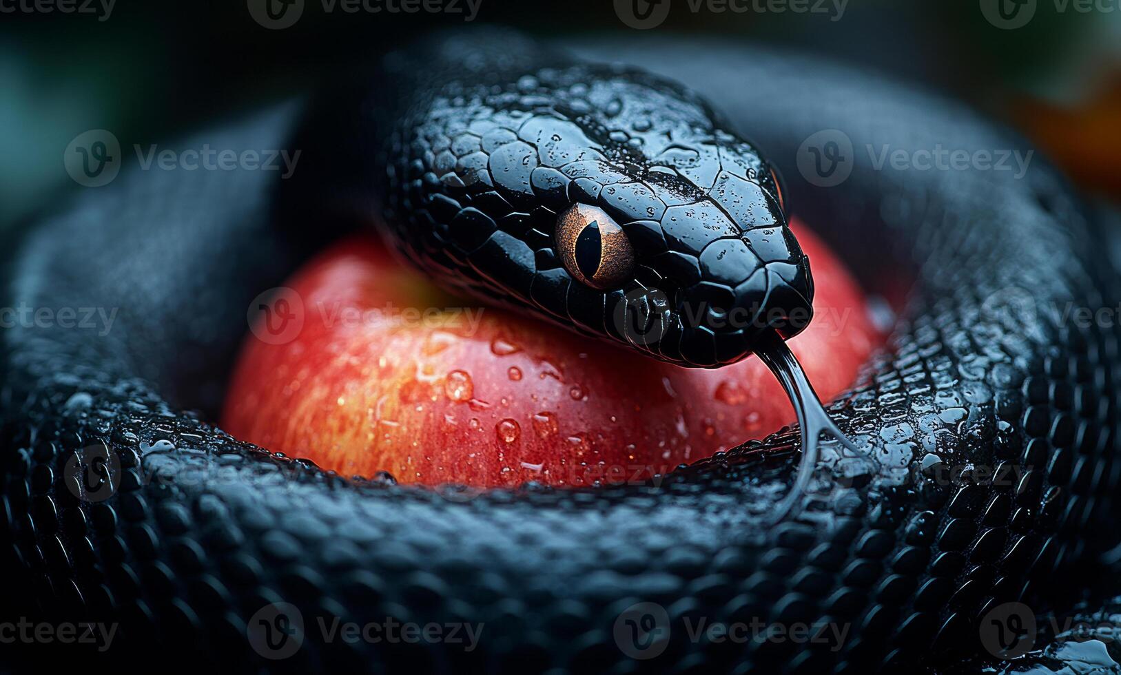 Black snake resting on a red apple in nature. A black snake coils itself around a shiny red apple, glistening with droplets, blending nature's beauty with intrigue. photo