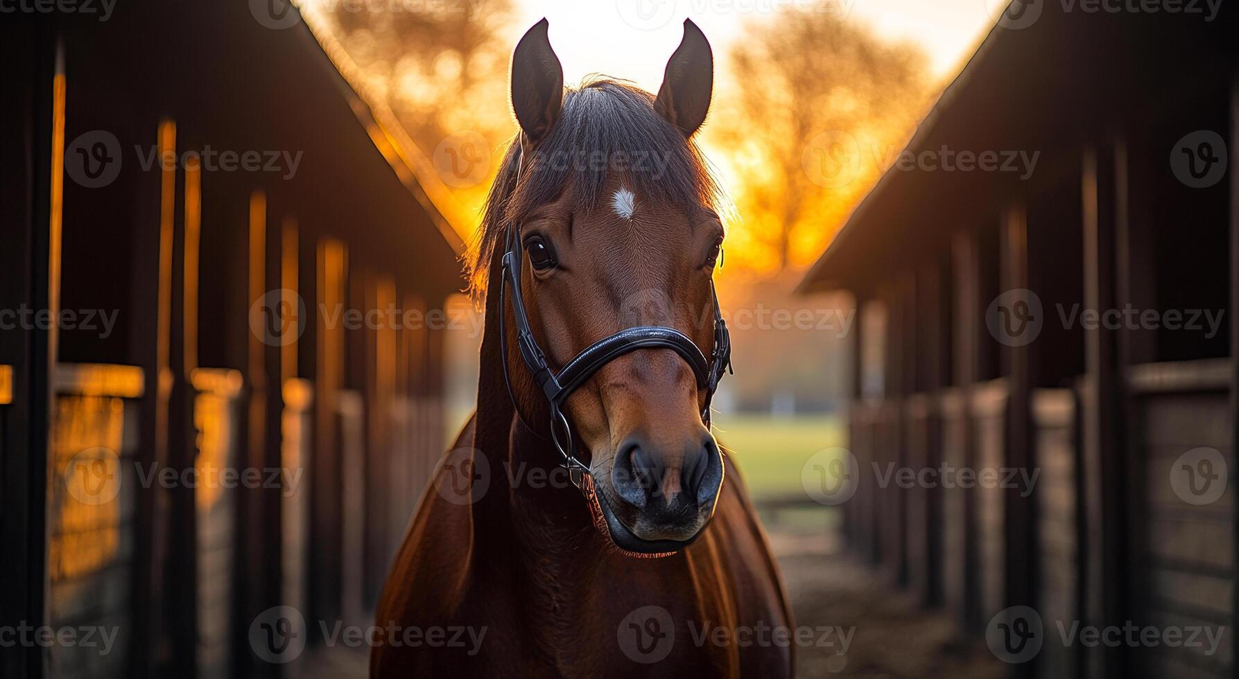 Horse in stable at sunset with warm glowing light. A beautiful horse stands calmly in its stable as the sun sets, casting a warm glow through the barn's open doors. photo