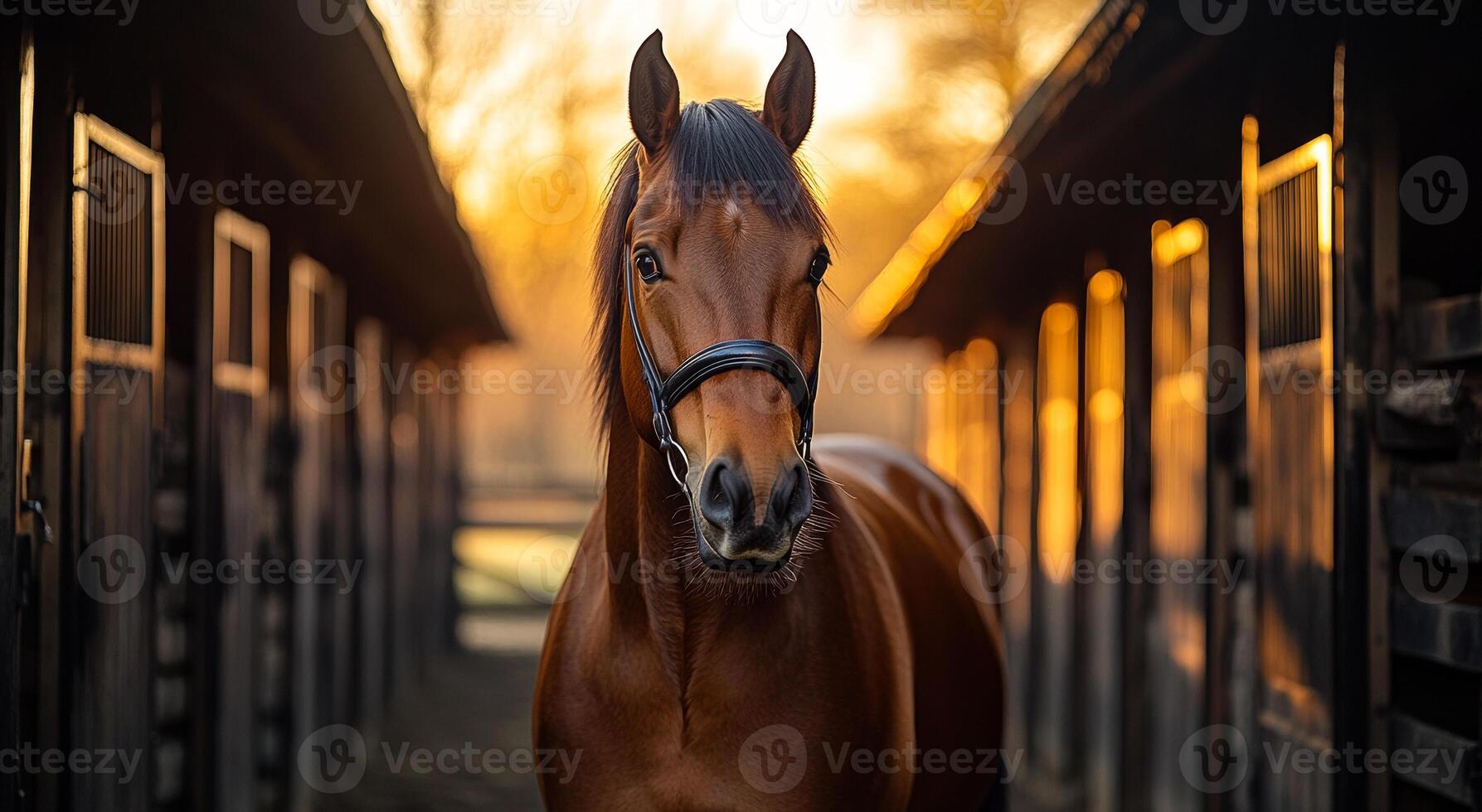 Majestic horse standing in barn at sunset hour. A beautiful horse stands calmly between two barn stalls as the sun sets, casting warm golden light across the stable area. photo