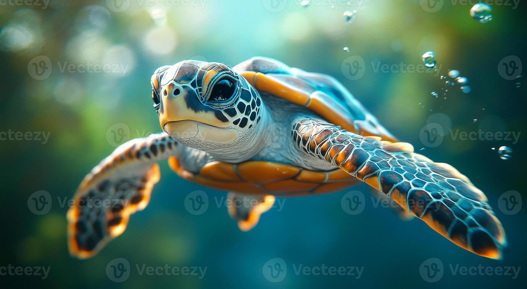 Sea turtle glides through clear waters. A sea turtle glides smoothly through clear blue waters, surrounded by bubbles and marine life in its natural habitat. photo