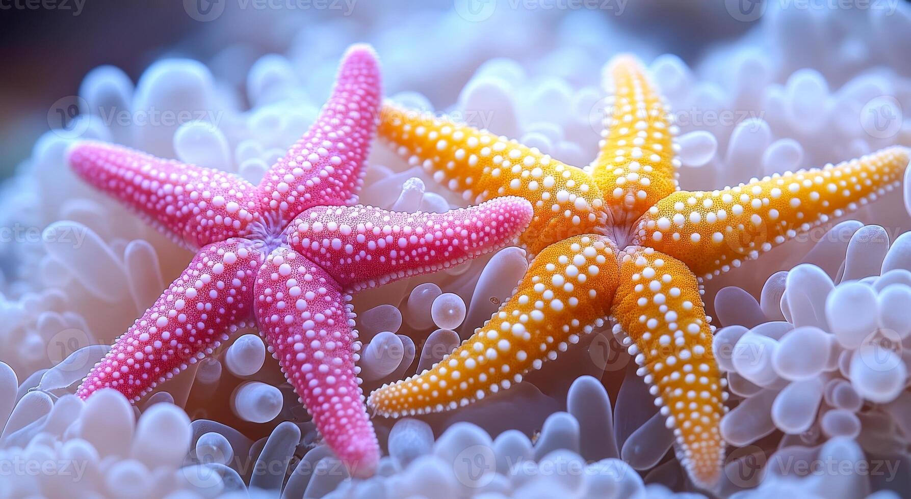 Colorful starfish on a coral reef under the ocean. Two vibrant starfish, one pink and one orange, rest on a coral reef, showcasing their unique textures and colors underwater. photo