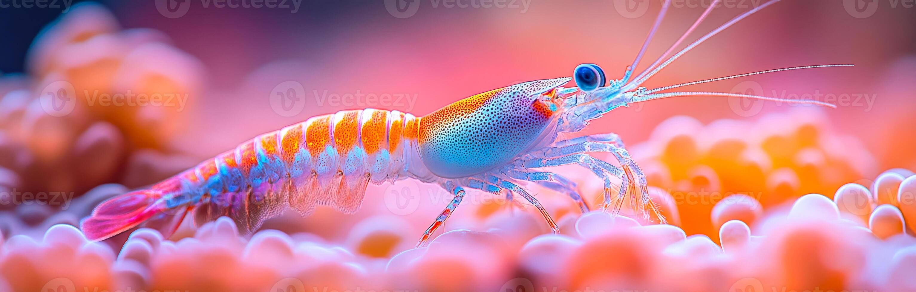 Colorful shrimp in a vibrant coral reef. A vivid shrimp moves gracefully through a coral reef, showcasing bright colors and intricate details among the coral structures. photo