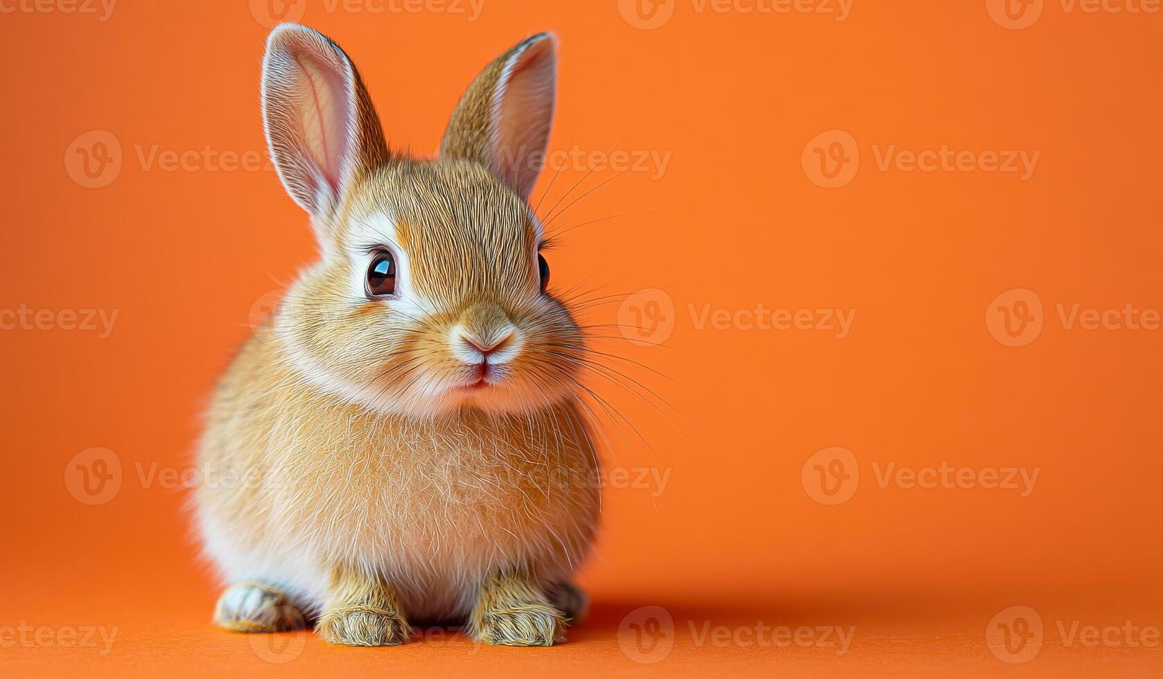Brown rabbit on orange background. A fluffy brown rabbit sits quietly, showcasing its adorable features against a bright orange background. photo