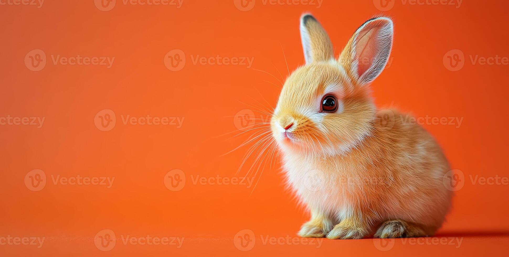 Cute rabbit sitting on a vibrant orange background. A fluffy orange rabbit sits calmly on a bright orange backdrop, showcasing its adorable features and curious expression. photo