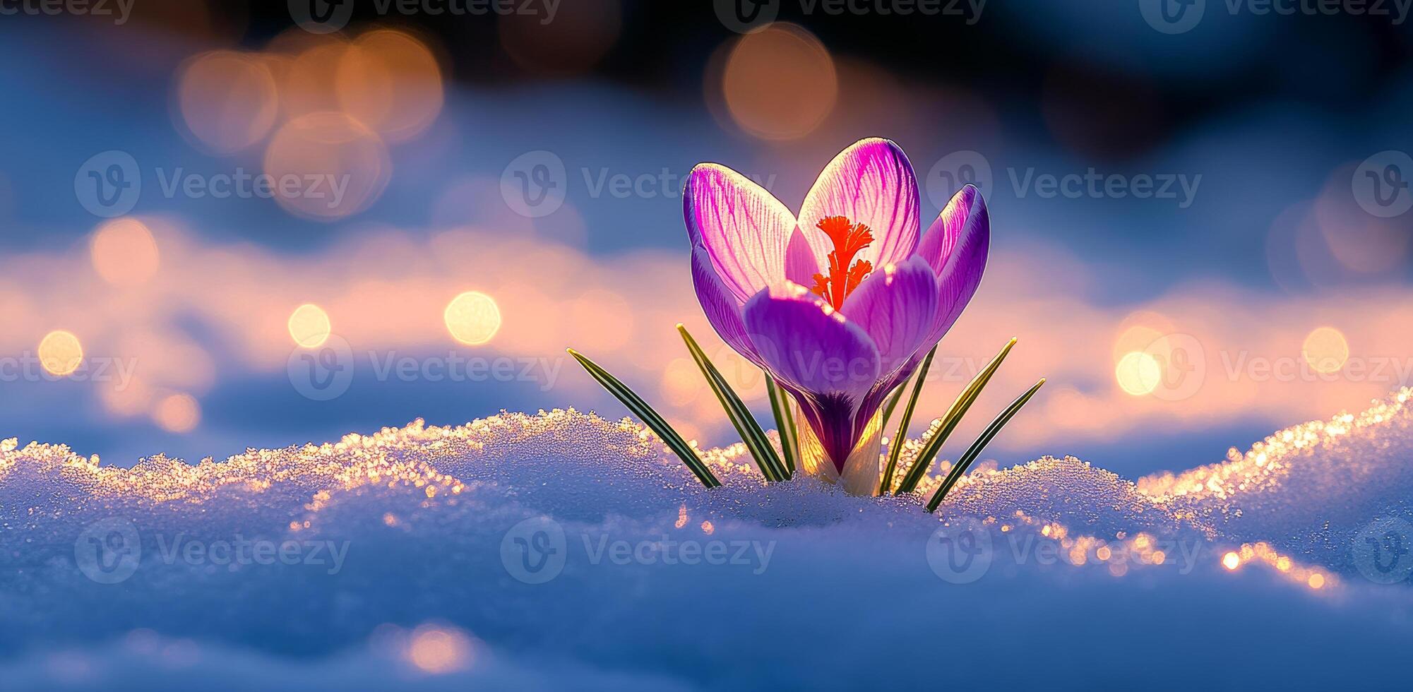 A purple crocus blooming in snow at sunset. A solitary purple crocus flower emerges from the snow, illuminated by warm sunset light, creating a peaceful winter moment. photo