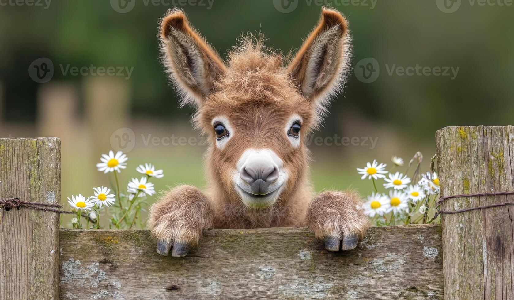 Young donkey explores a farm with flowers nearby. A curious young donkey peeks over a rustic fence surrounded by blooming daisies on a tranquil farm. photo