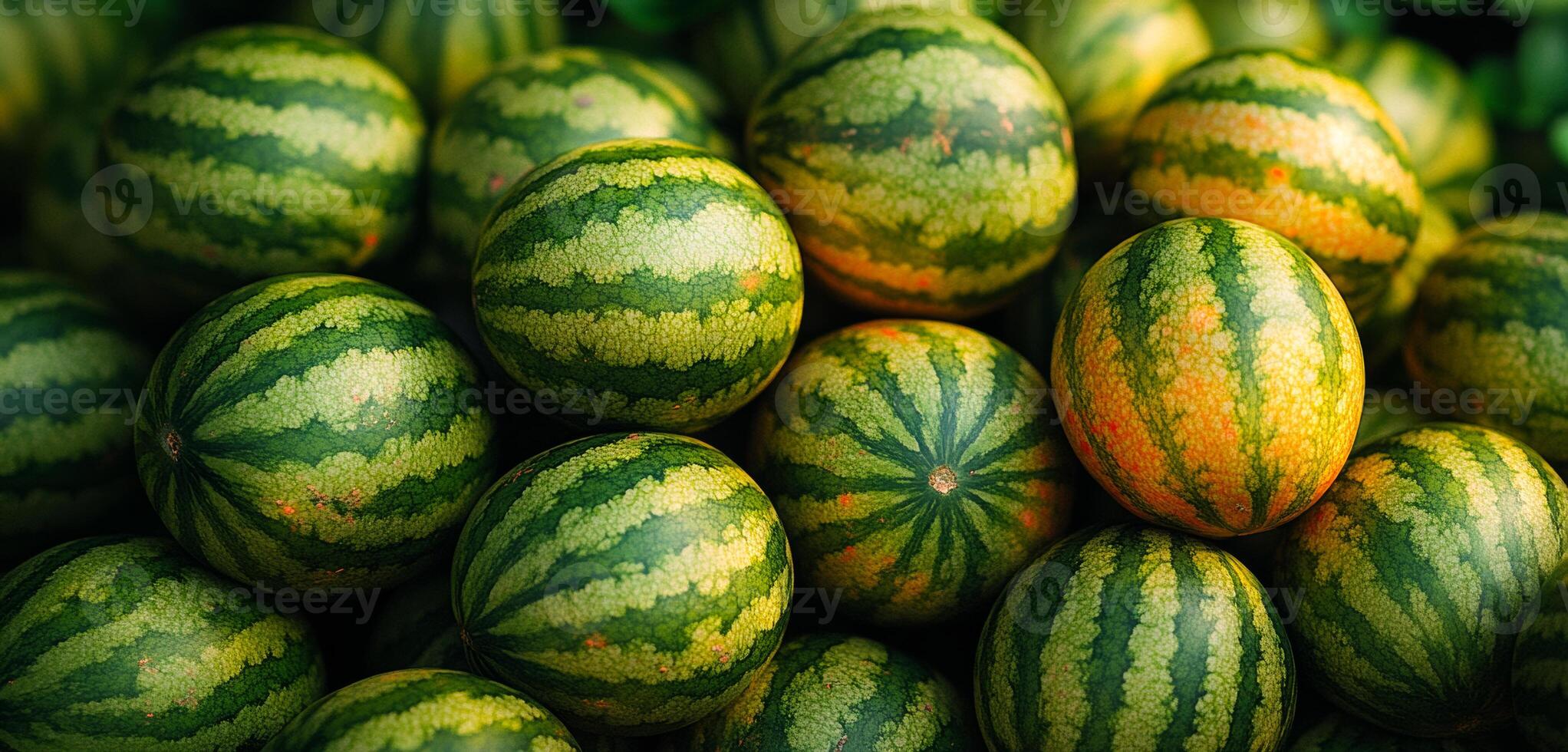 Fresh watermelons piled at a summer market display. A vibrant collection of ripe watermelons showcases their green and yellow stripes at a bustling summer market stand. photo