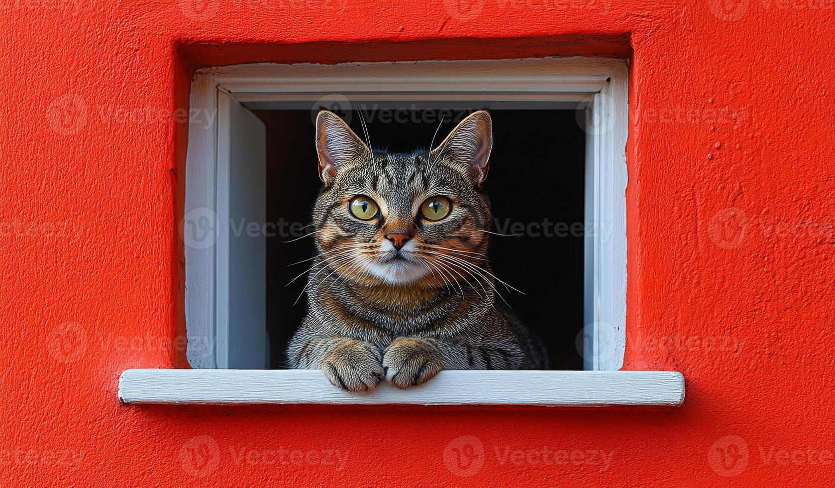 Cat resting by a window on a vibrant red wall. A tabby cat lounges on a windowsill, enjoying the view and sunlight through a striking red wall. photo