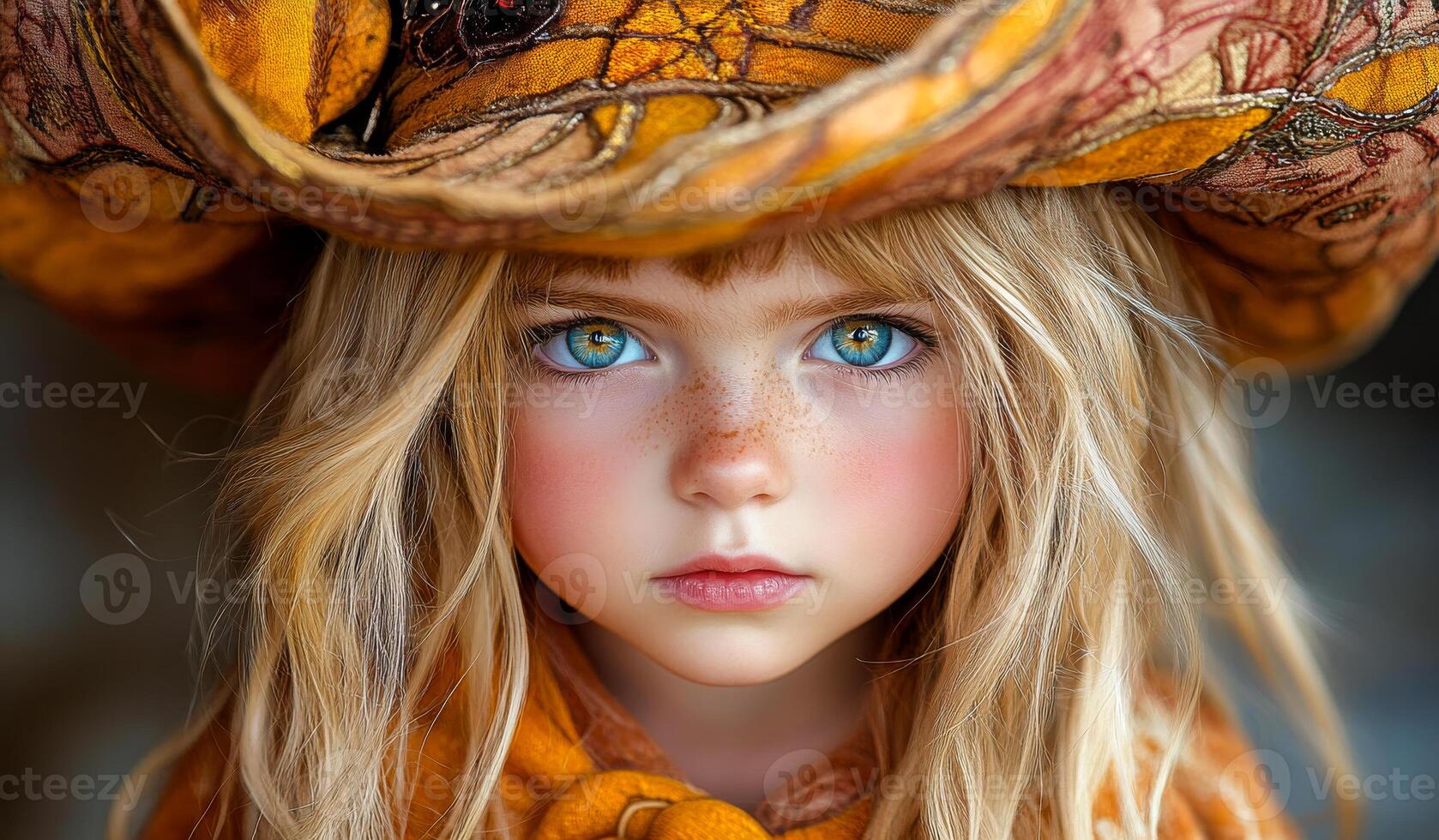 Girl with blue eyes in a hat. A young girl with striking blue eyes and golden hair poses in a colorful hat that complements her cheerful expression. photo