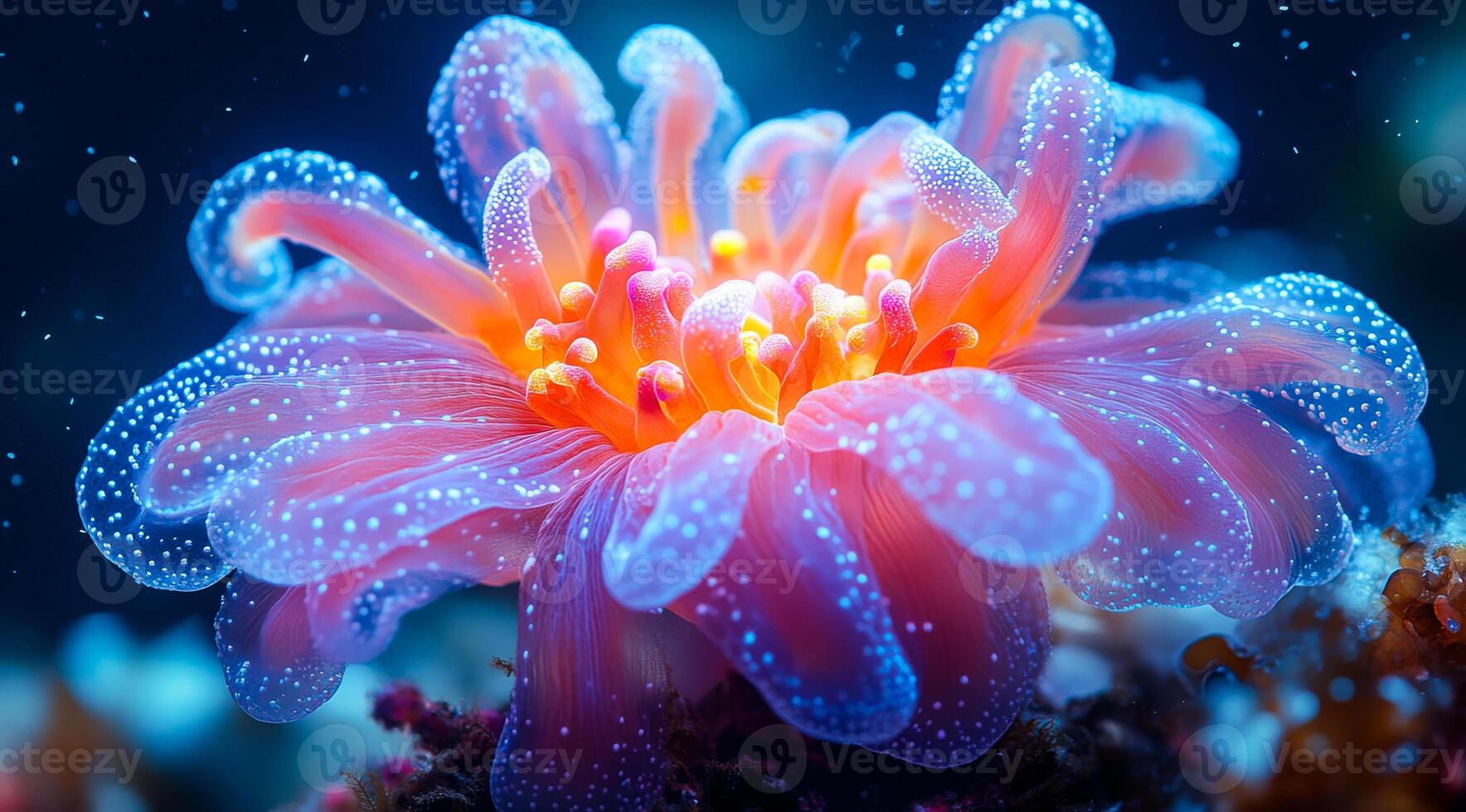 Vibrant underwater flower glowing in the deep sea. A stunning underwater flower radiates vibrant colors, showcasing intricate textures while surrounded by shimmering water currents. photo