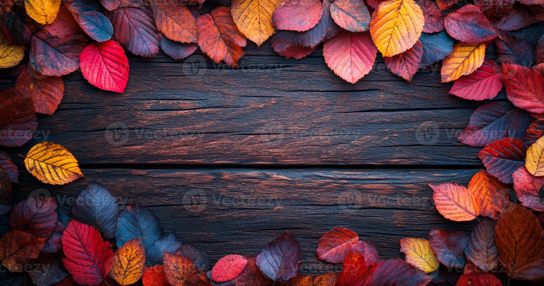 Autumn leaves on rustic wood. Vibrant autumn leaves in various shades frame a rustic, dark wooden surface, creating a cozy seasonal vibe perfect for fall. photo