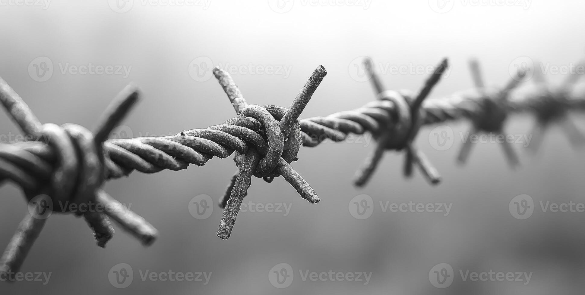 Barbed wire fence stretching across a foggy field. A close-up of barbed wire rusting in a foggy field, capturing the bleakness of a quiet, overcast day in nature. photo