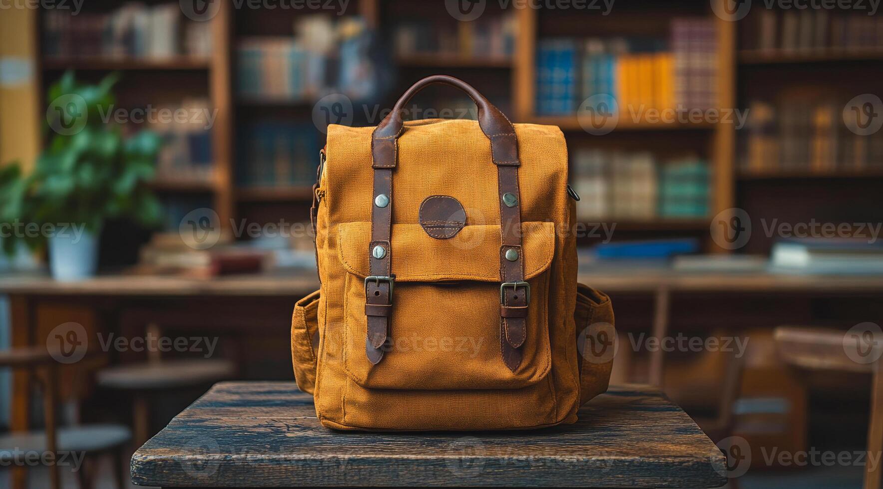 Brown backpack on library table. A brown canvas backpack with leather straps rests on a wooden table amid shelves filled with books in a cozy library. photo