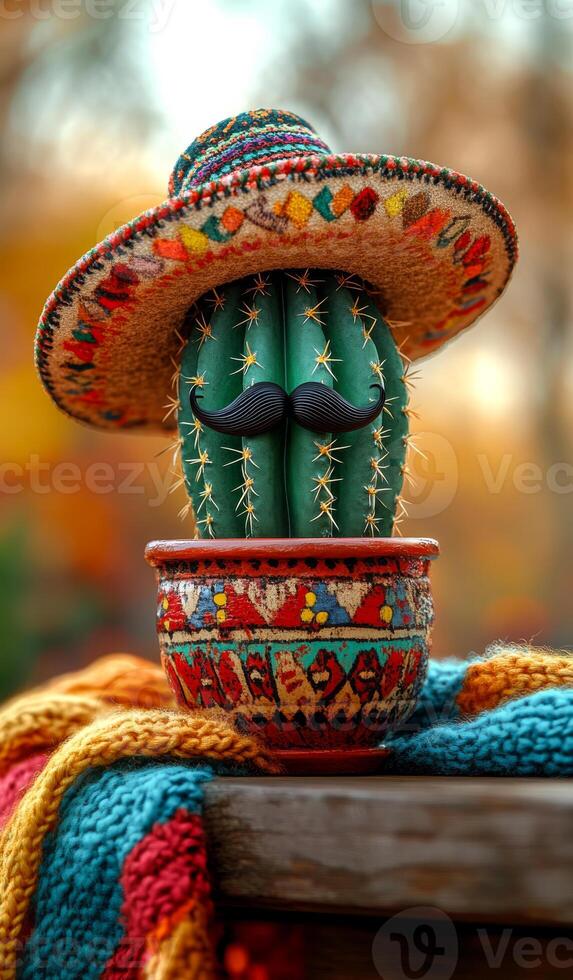 Cactus with sombrero and mustache. A vibrant cactus dressed in a colorful sombrero and mustache sits in a decorated pot, capturing a playful, festive atmosphere. photo