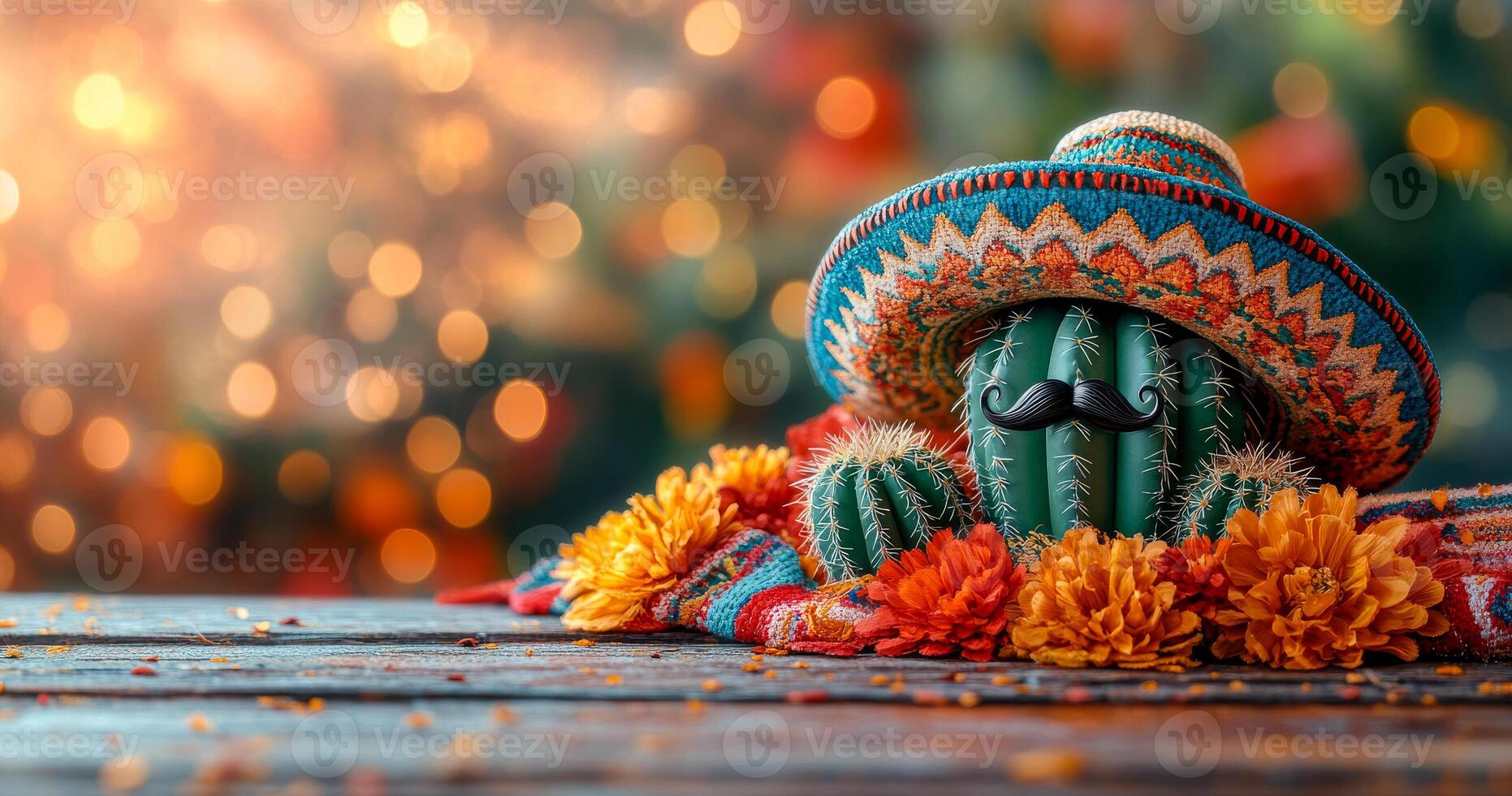 A festive cactus wearing a colorful sombrero. A cheerful cactus adorned with a sombrero and mustache sits among vibrant flowers, celebrating a joyful occasion. photo