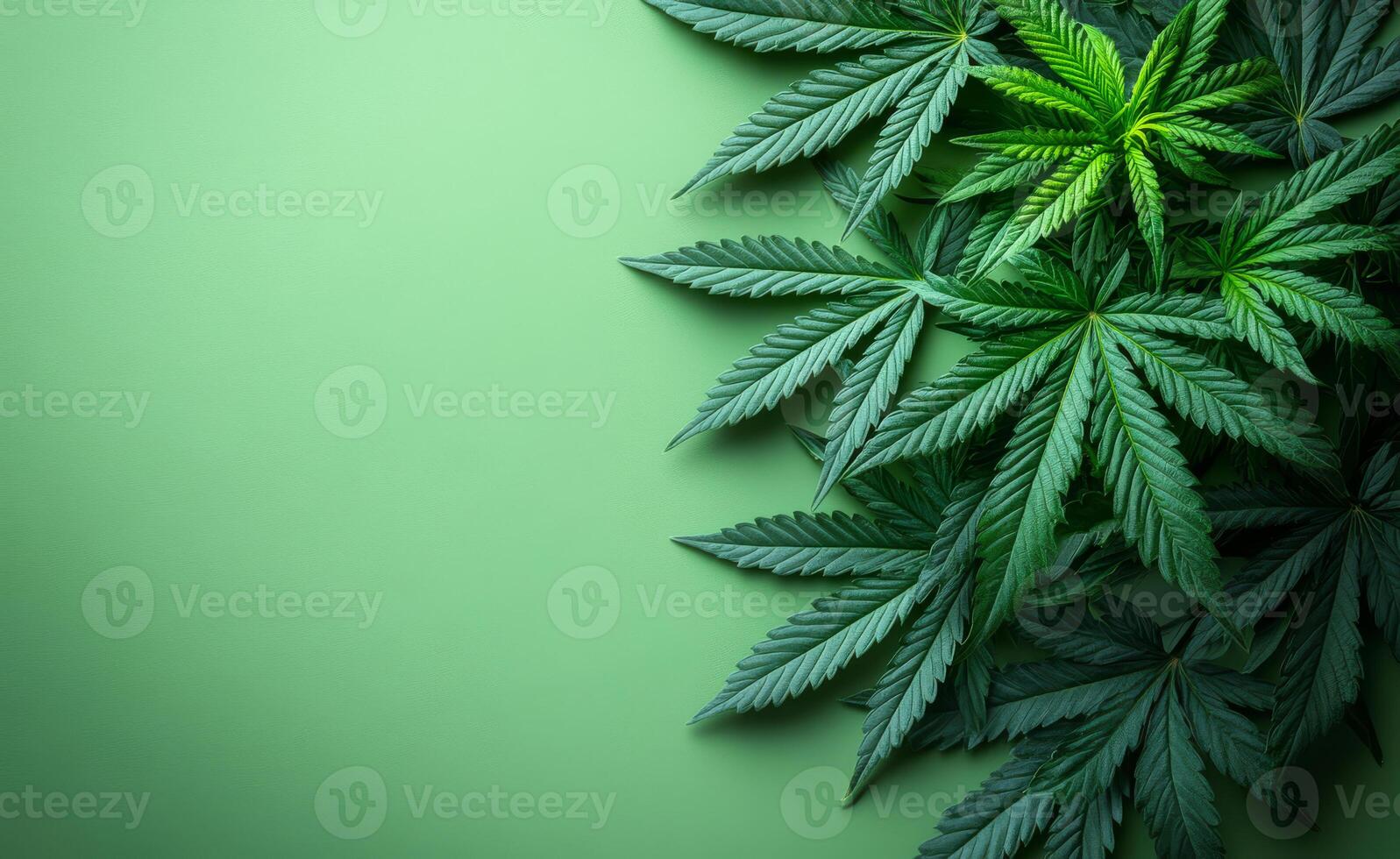 Green background with cannabis leaves. Multiple vibrant cannabis leaves spread out on a soft green background, showcasing their unique shapes and varying shades of green. photo
