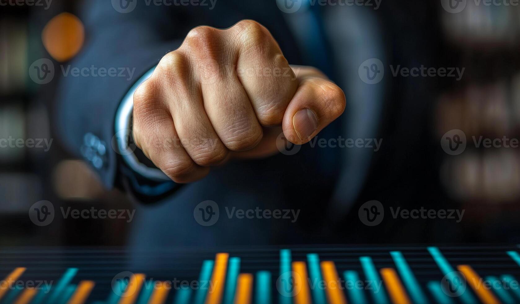 Pro analyzing growth stats in office. A business professional with a clenched fist examines colorful growth statistics on a digital display in an office setting. photo