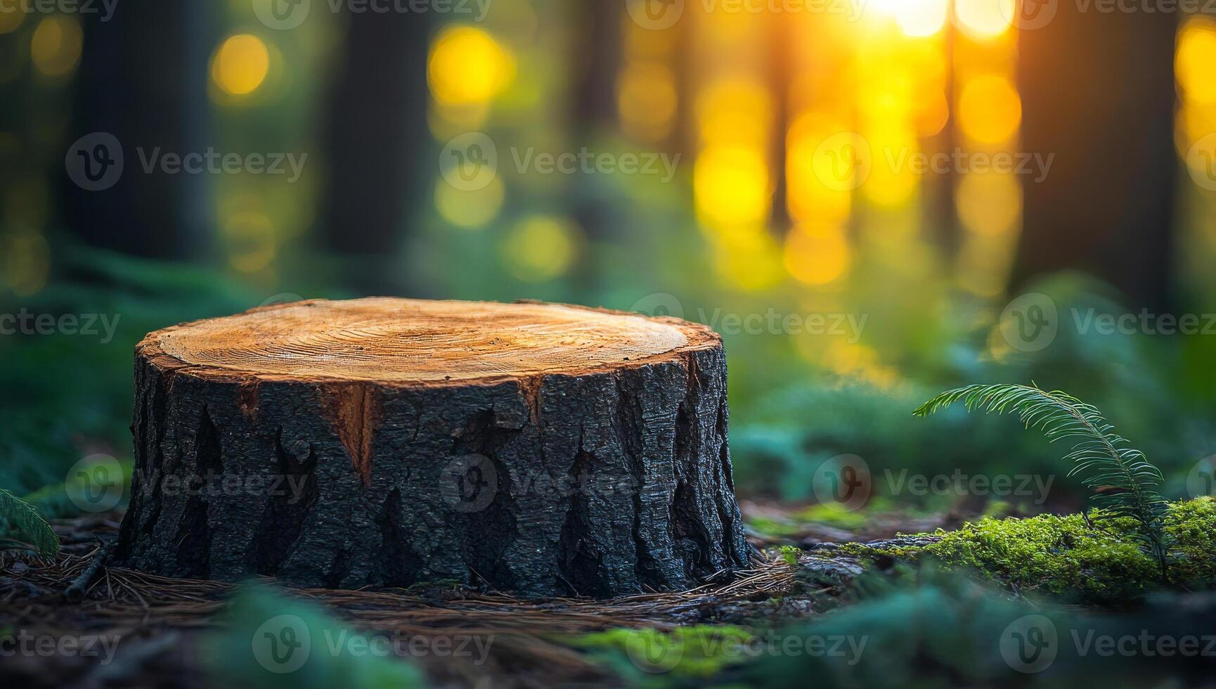 Tree stump in a sunlit forest during golden hour. A sunlit forest showcases a freshly cut tree stump surrounded by lush greenery and soft ferns under the warm glow of evening light. photo