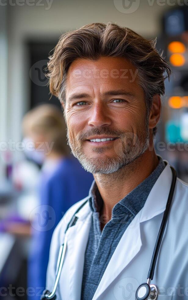 Smiling male doctor in hallway. A male doctor in a white coat smiles confidently at the camera in a busy medical facility, showcasing a caring and approachable demeanor. photo